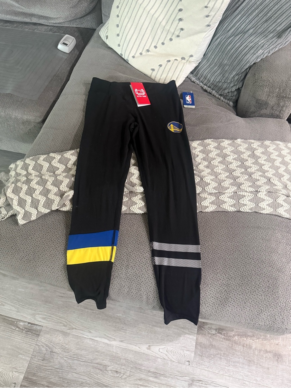 NBA Black Joggers with Blue & Yellow Leg Stripes — Golden State Patch
